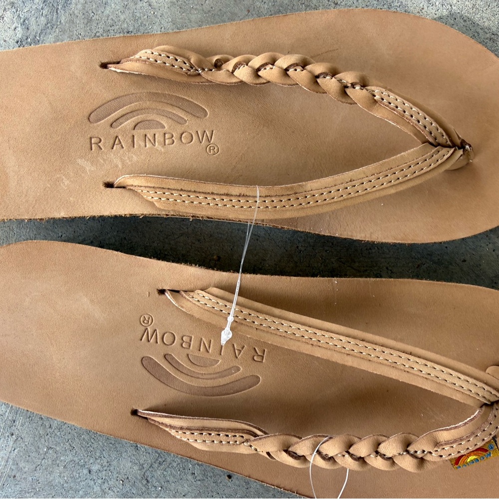 Rainbow Braided flirty Sienna Brown Leather Tan Flip Flop Sandals Large 7.5-8.5